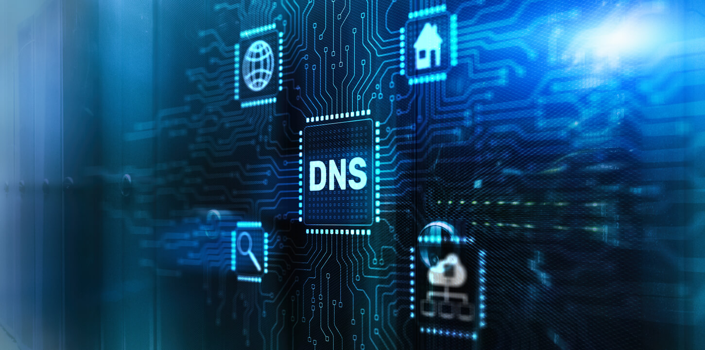 DNS and other digital icons on circuit board.