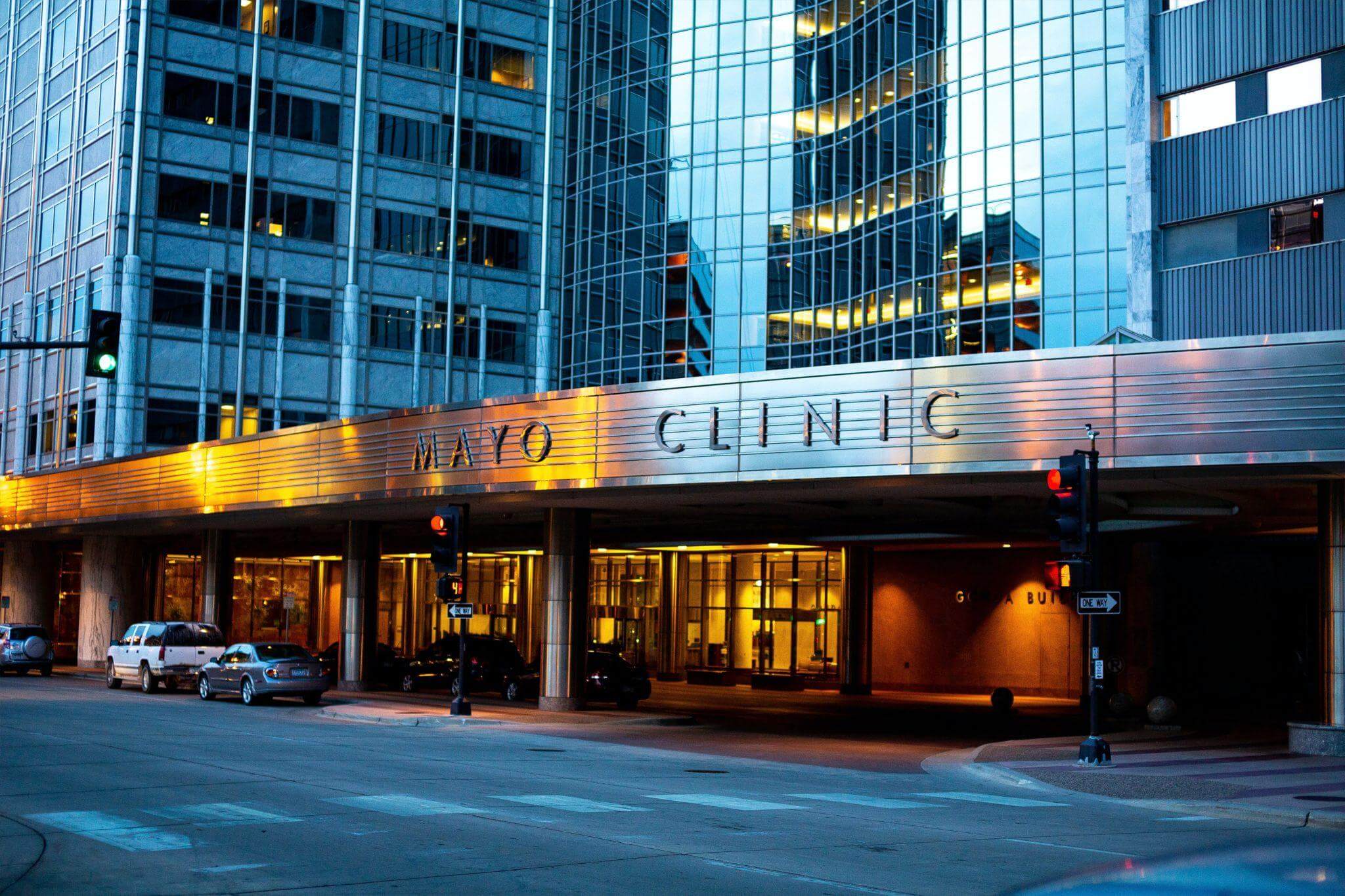 View of the Mayo Clinic building in a city.