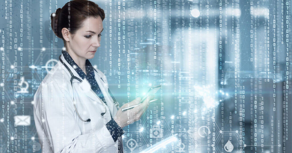 Healthcare worker standing in virtual cybersecurity code.