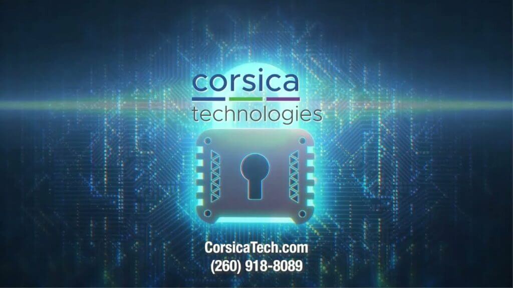 Corsica Technologies logo on a digital display background.